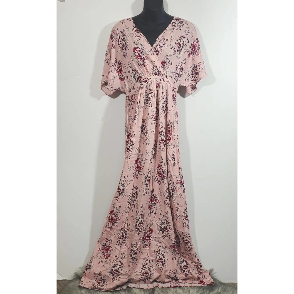 Love Fire S Pink Floral V-Neck Short Sleeve Belted Feminine Romantic Maxi Dress